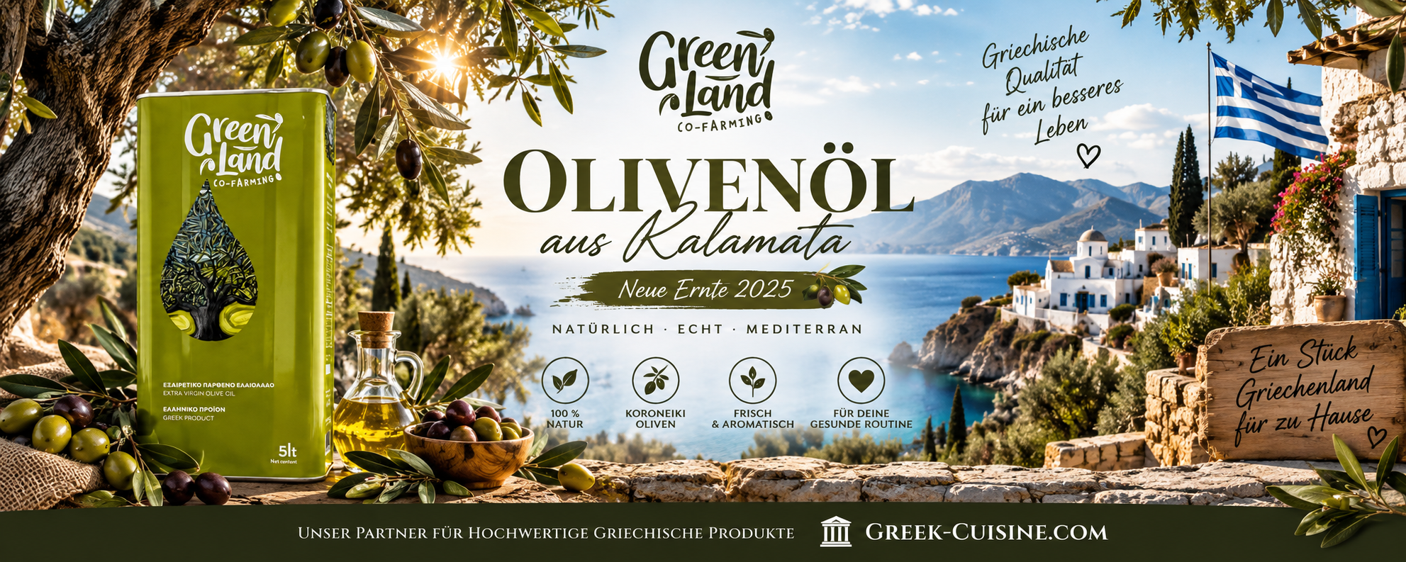 Olivenöl aus Kalamata vor mediterraner griechischer Landschaft